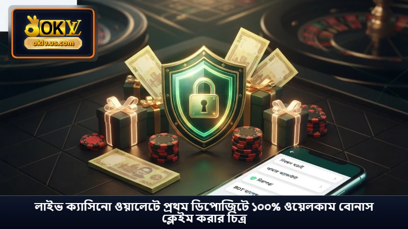 লাইভ ক্যাসিনো ওয়ালেটে প্রথম ডিপোজিটে ১০০% ওয়েলকাম বোনাস ক্লেইম করার চিত্র
